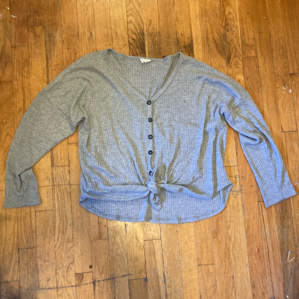 Light gray knit tyed button up sweater